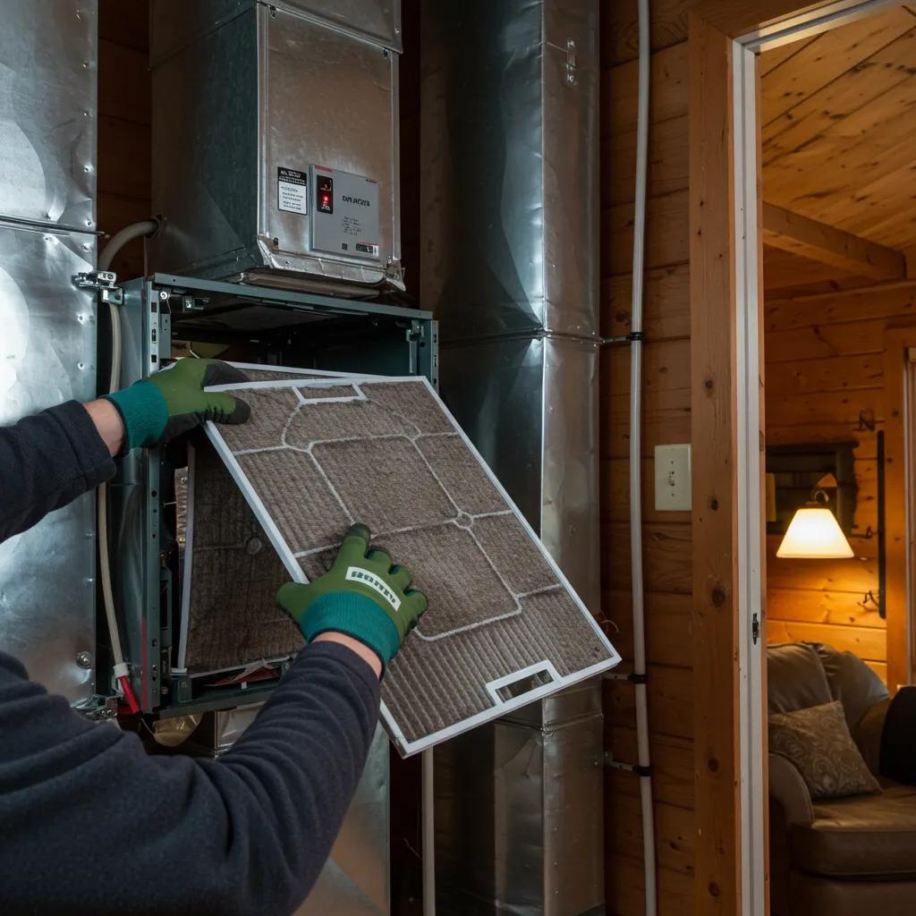 HVAC Blog 1 Homeowner replacing a furnace filter in a cozy Vermont home, emphasizing indoor air quality maintenance
