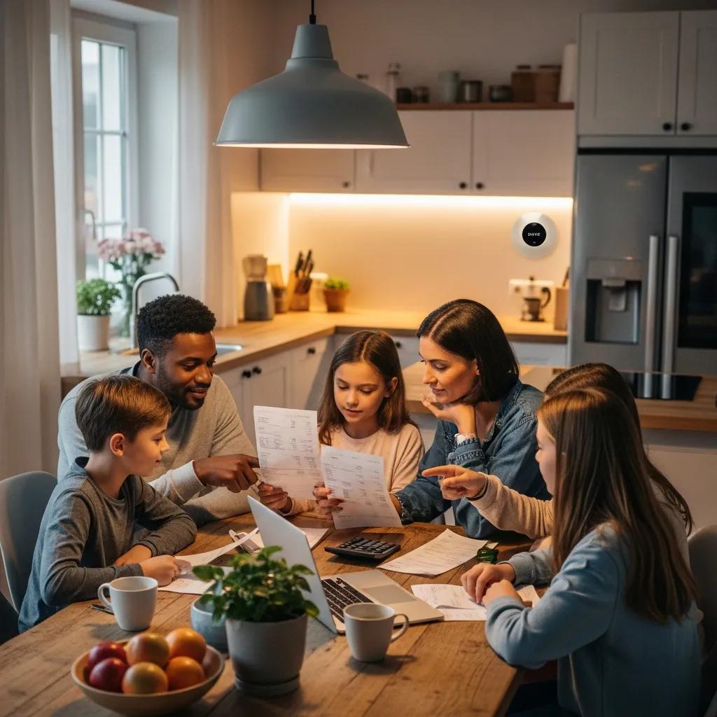 How to Read & Reduce Your Energy Utility Bills 1 Family reviewing energy utility bills with energy-efficient appliances in a cozy kitchen